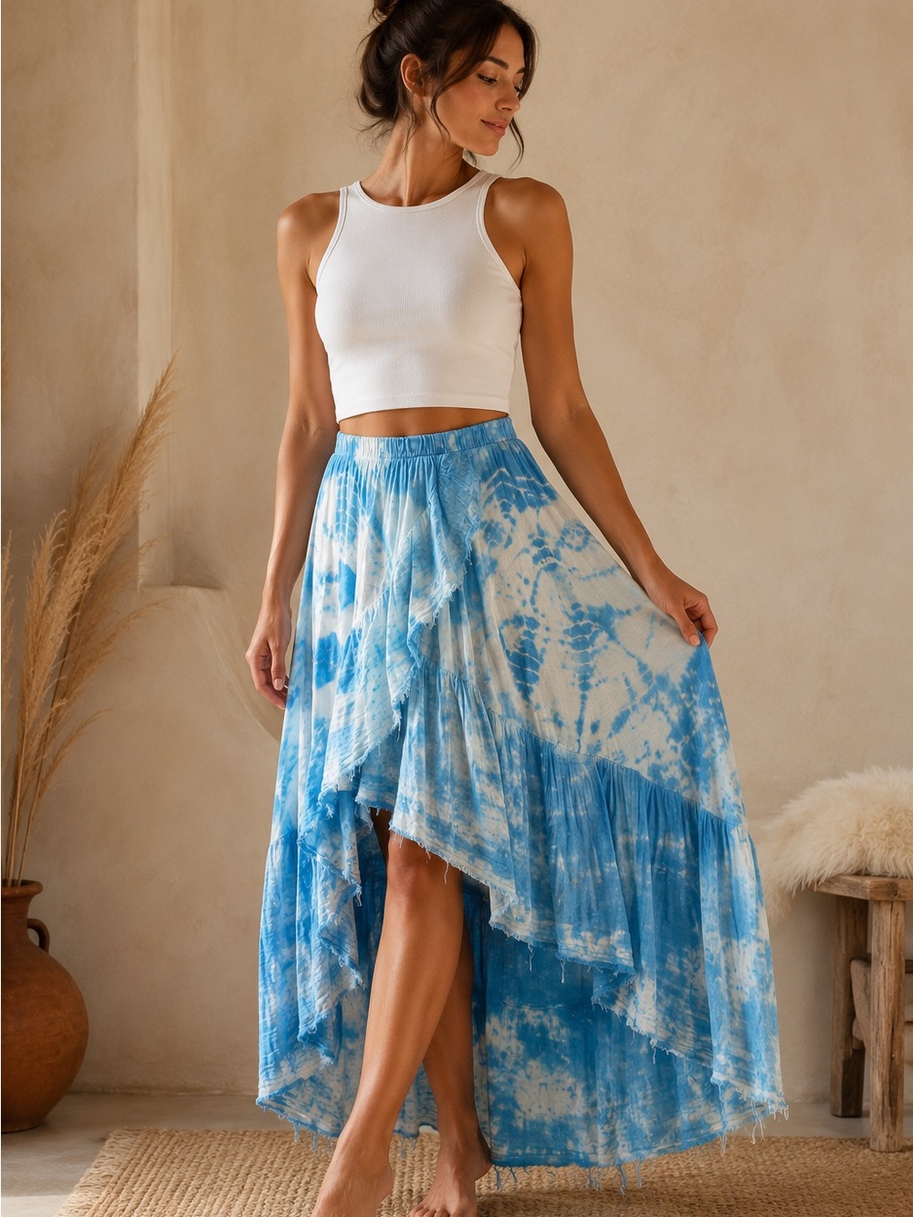 Stark X High-Low Tie-Dye Maxi Skirt - Blue